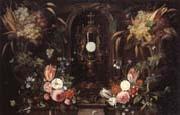 Jan Van Kessel Still life of various flowers and grapes encircling a reliqu ary containing the host,set within a stone niche Norge oil painting reproduction